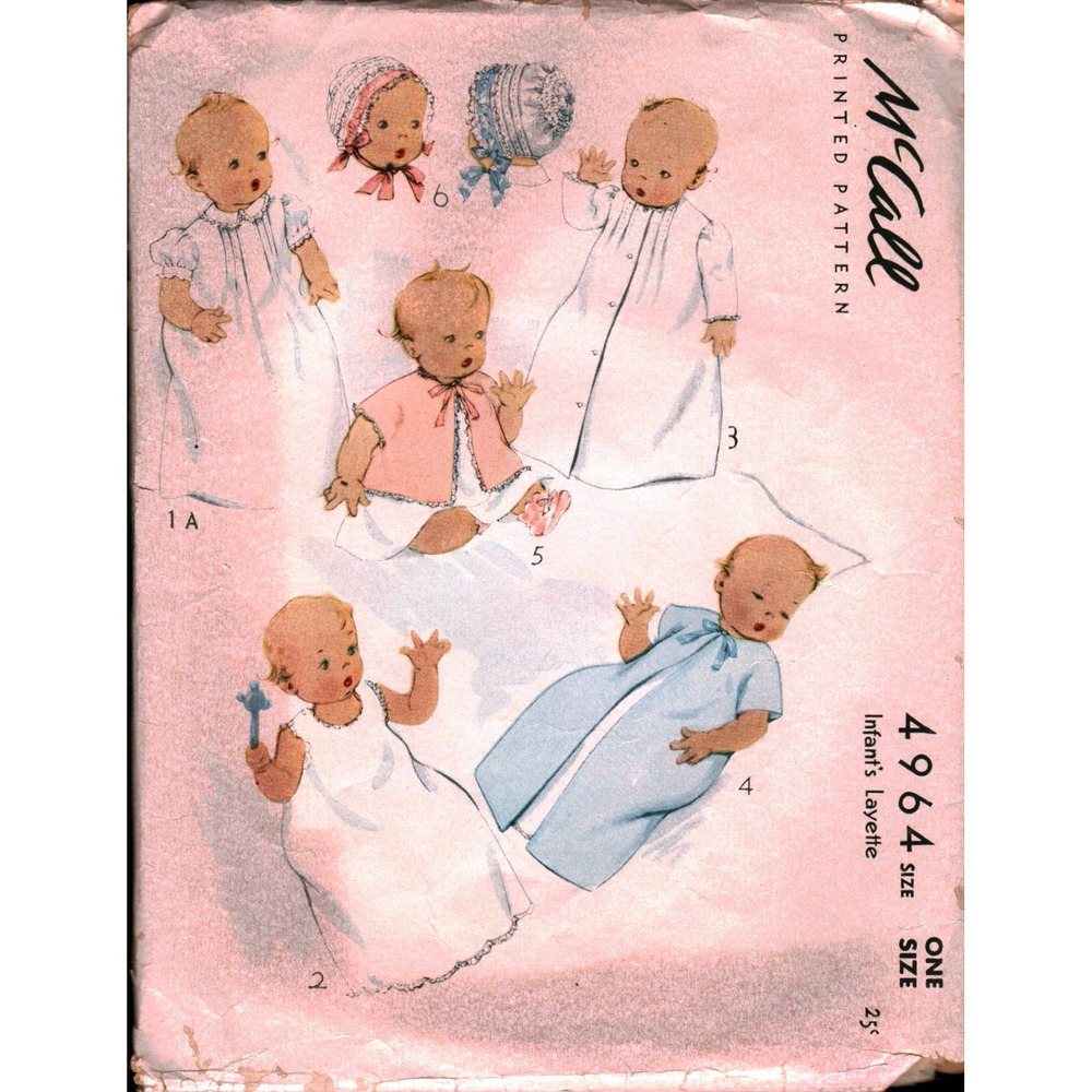 Vintage McCall 4964 Infants Layette Sewing Pattern Dress Slip Kimono Cap 1940s